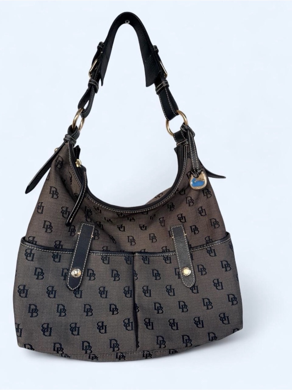 Vtg y2k Dooney & Bourke Brown Monogram Canvas Shoulder Bag with Black Trim